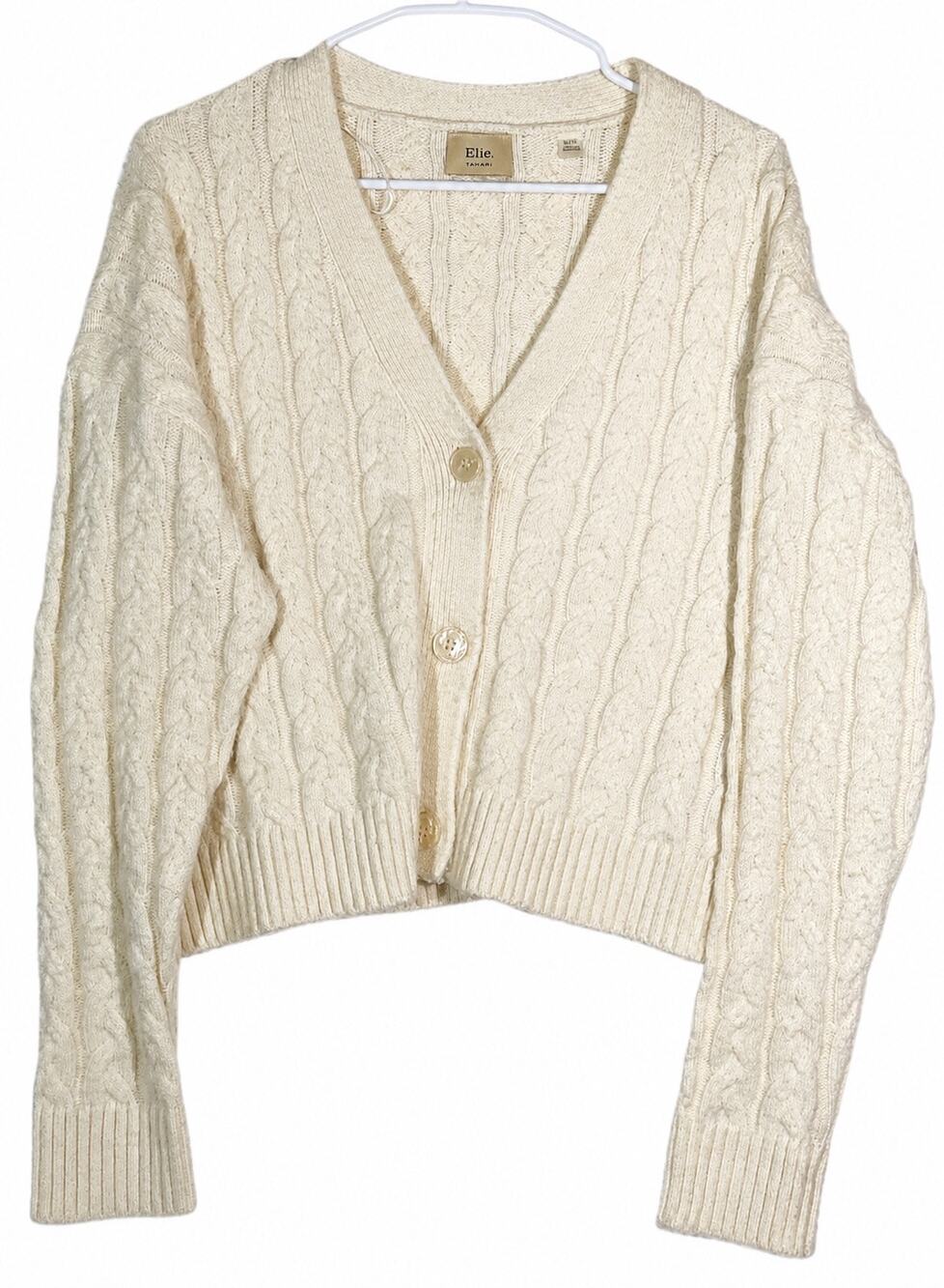 Elie Tahari Women’s XL Ivory Cable-Knit Button-Front Cardigan Sweater